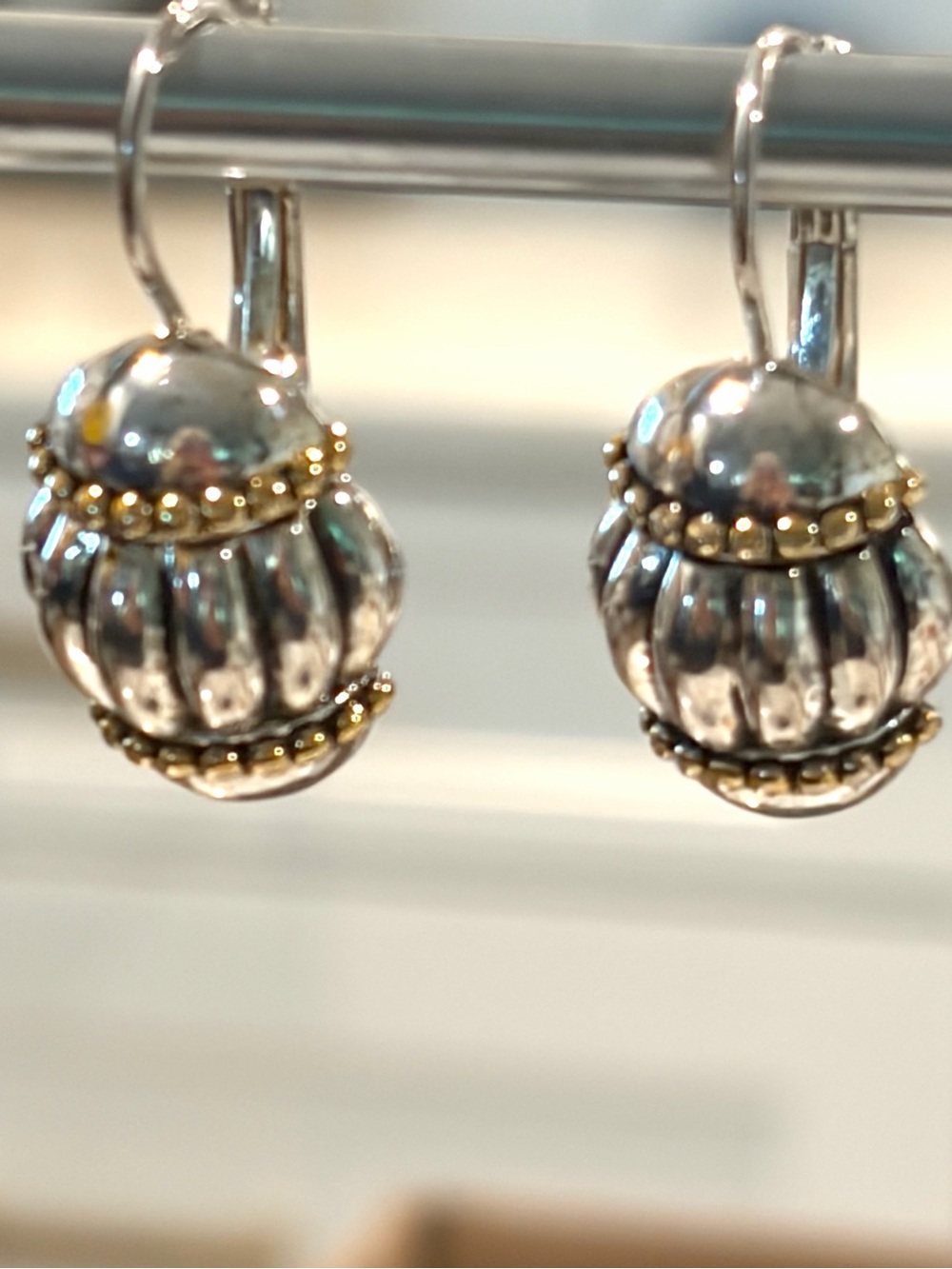 Vintage Two Tone Fluted PierMelon Drop Earrings - Silver & Gold Caviar Bead - Picture 3 of 6